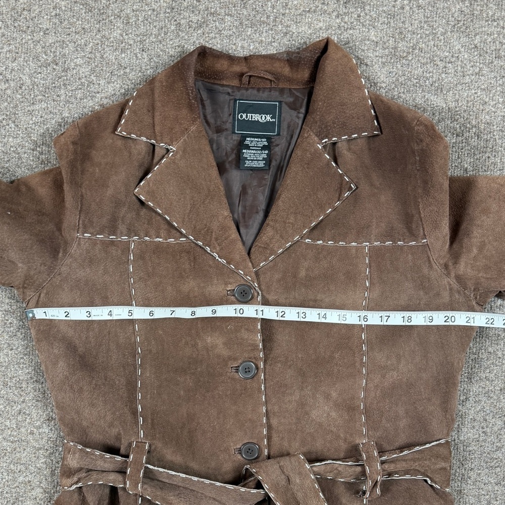 Outbrook Brown Suede Leather Belted Jacket Women’s Medium Contrast Stitching Y2K - Picture 15 of 15